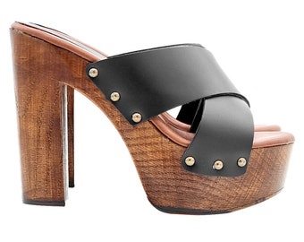 Black clogs with crossed leather bands and heel 13 - Made in Italy - MY240 PELLE NERO