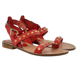 Red flat women's sandals with leather bands and gold studs - PF392 ROSSO