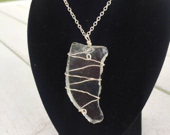 Collana in vetro marino, autentico, argento, filo avvolto