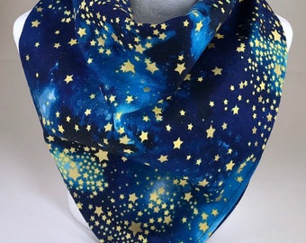 Bandana Midnight Sky, Gold Stars, Stargazers Robert Kaufman designer print on Midnight Blue Cotton Bandana Scarf