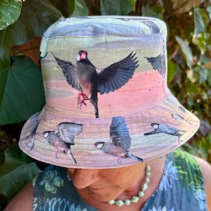 Bird in Flight Bucket Hat Reversible, all cotton Hawaiian Island Maui Java Finch Sparrow on rainbow eucalyptus Sun Bucket Hat XS-XL