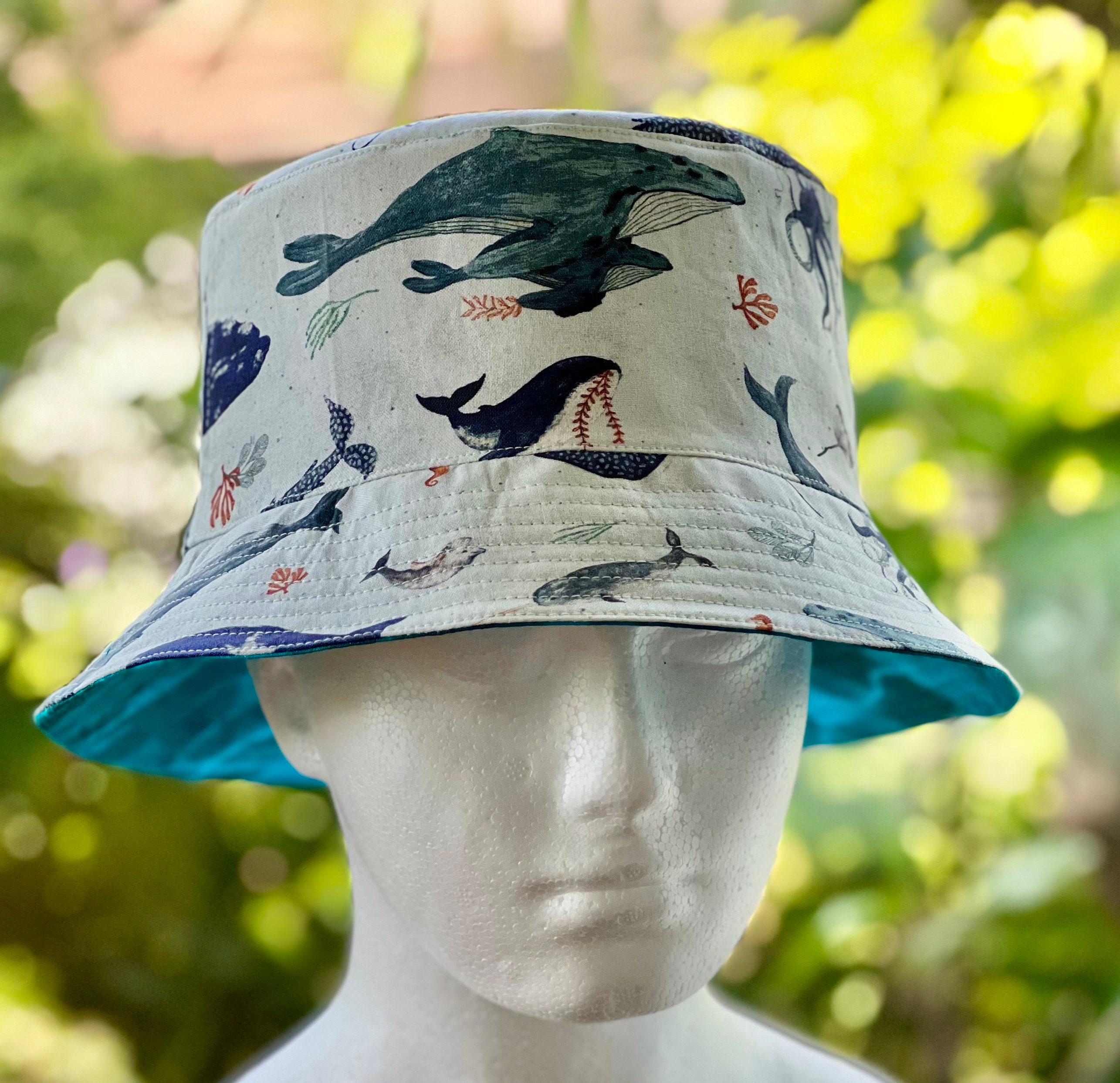 Whale Art Theme Bucket Hat Reversible, All Cotton Hawaiian 
