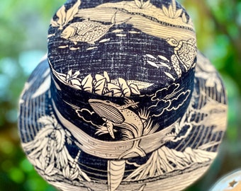 Whale Art theme Bucket Hat Reversible, all cotton Hawaiian Island Maui breaching whale theme on whale outline print Sun Bucket Hat XS-XL