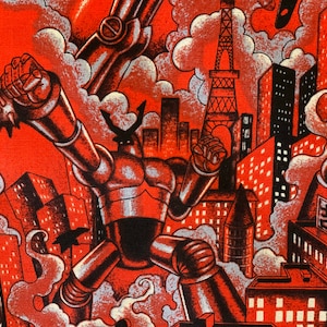 May include: A red and black robot with a large, round head and a pointed nose stands in front of a cityscape. The robot is holding a large, spiked weapon in its right hand. The cityscape is made up of tall buildings, including the Eiffel Tower.
