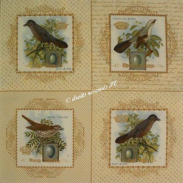 Coupon tissu patchwork 4 grandes vignettes oiseaux n 1, pour coussin, poche, appliqués, couture, customisation, décoration