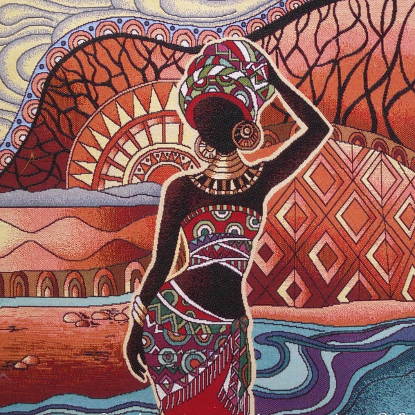 Coupon tissu panneau tapisserie, femme africaine n 1, tissu jacquard pour coussin, sac, ameublement, décoration intérieure