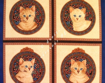 Coupon Tissu Patchwork Panneau 4 PORTRAITS de CHATONS ROUX, pour coussin, sac, patchwork , couture, quilting,  décoration