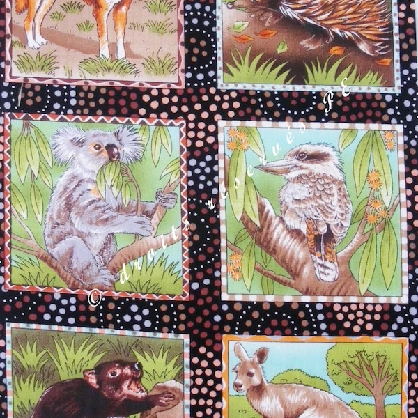 Coupon Tissu patchwork 6 Vignettes FAUNE AUSTRALIENNE, pour cartes, appliqués, loisirs créatifs, couture