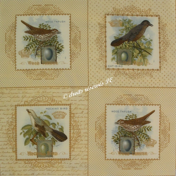 Coupon Tissu patchwork 4 grandes Vignettes OISEAUX n 3,  pour coussin, poche, appliqués, couture, customisation, décoration