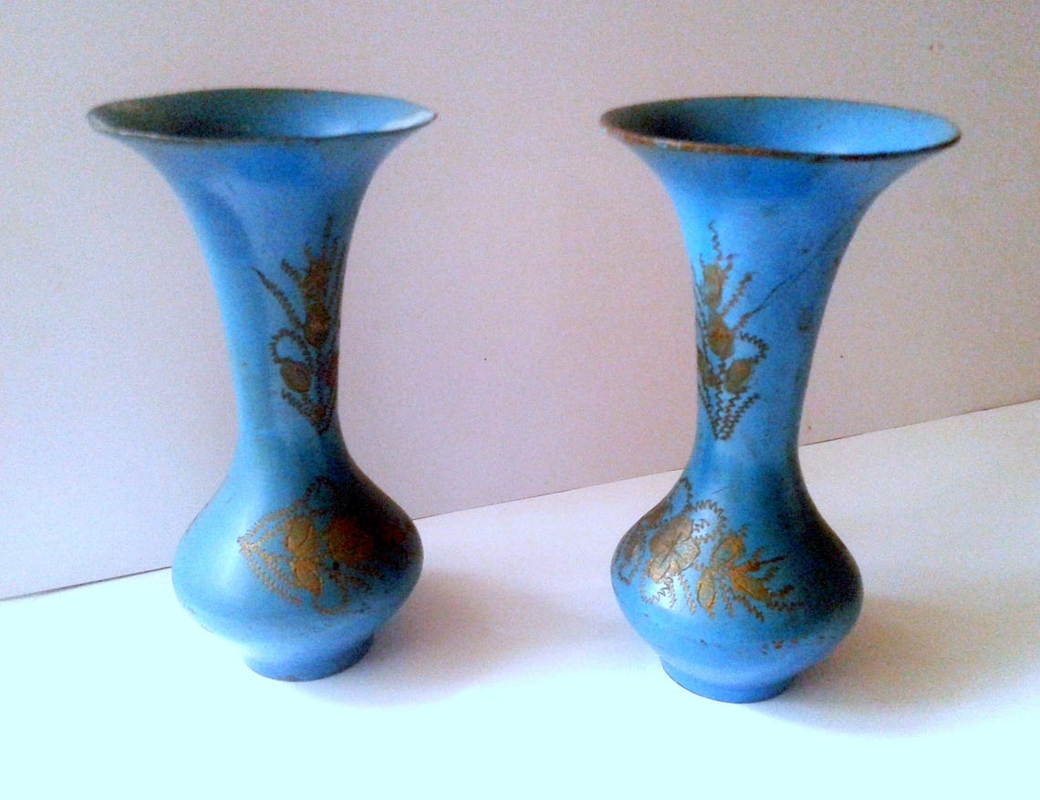 Pair of Small Vases Set Metallic Vases Blue Vintage Vases Etsy