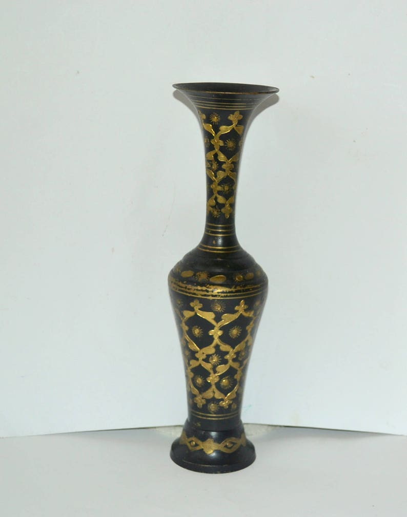 Black Metal Vase Indian Brass Vase Black Floral Hand Etched Etsy