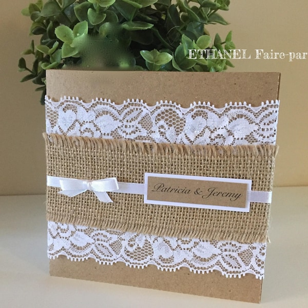 Faire part mariage Kraft et Dentelle, mariage champetre, dentelle et jute