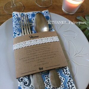 Menu mariage dentelle, kraft retro chic, menu rond de serviette, Lot de 10
