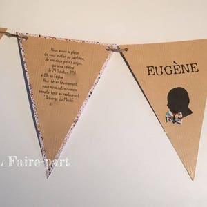 Faire part Fanions, bapteme champetre, Kraft et Liberty, Lot de 10