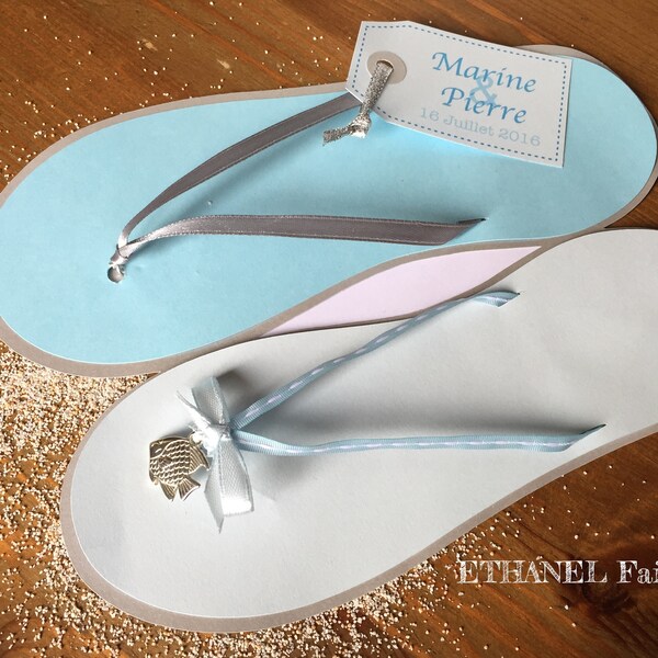 Faire part Tongs, mariage theme mer, bleu ciel et argent, Lot de 10