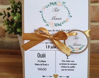 Faire part boheme chic, mariage fleuri, Kraft et blanc, lot de 10