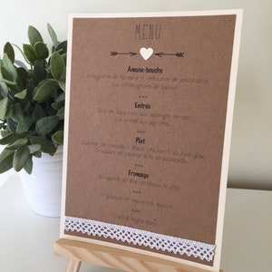 Menu mariage dentelle, kraft retro chic, menu sur chevat, Lot de 10