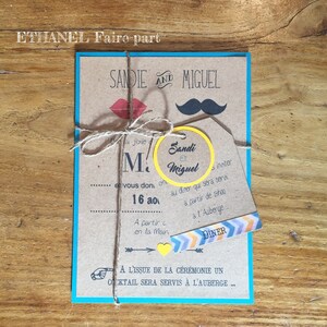 Faire part mariage Moustache, champetre, Kraft, lot de 10