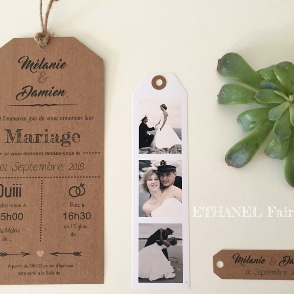 Faire part mariage Etiquette, Kraft impression bois, photo photomaton, retro chic, Lot de 10