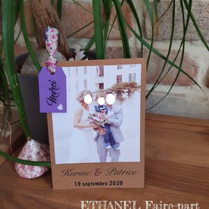 Remerciements mariage Liberty violet et kraft, champetre
