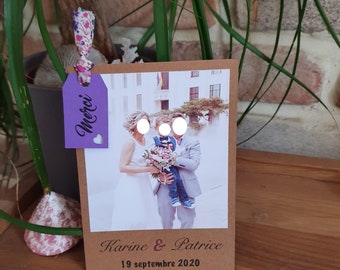 Remerciements mariage Liberty violet et kraft, champetre