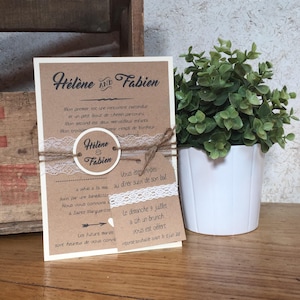Faire part Kraft et Dentelle, mariage champetre chic +  carton d'invitation