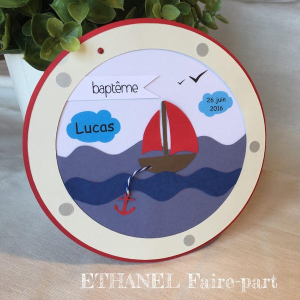 Faire part baptême marin, Hublot bateau, bapteme theme mer, lot de 10