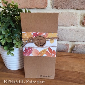 Faire part mariage Automne, Kraft , blanc et orange, mariage Automnal