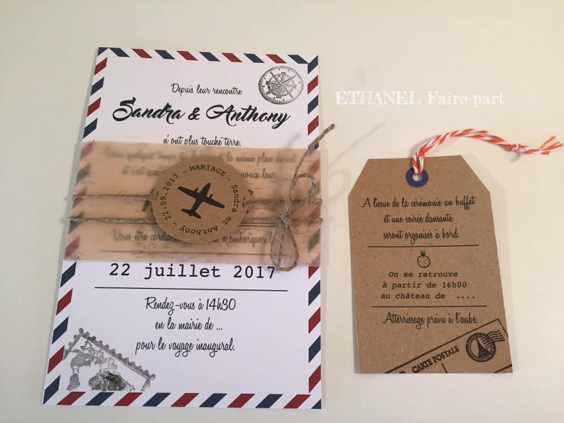 Faire part mariage, Voyage rétro chic, avion, Kraft, Lot de 10 image 4