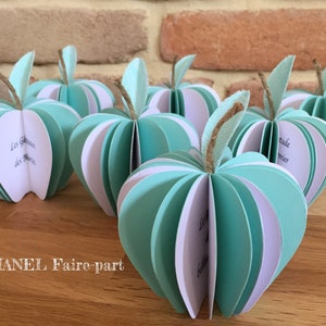 Menu mariage pomme, pomme en 3D, vert mint et dentelle, menu orignal, menu en relief, lot de 5