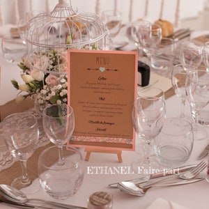 Menu Kraft et Liberty rose, mariage champetre chic, Lot de 10