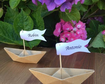 Marque place mariage, Bateau origami, Kraft et blanc