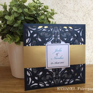 Faire part Dentelle ciselée,mariage chic,  pochette bleu nuit, marine et or, decoupe laser, dentelle papier