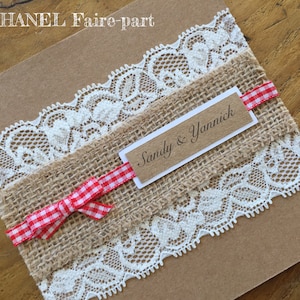 Faire part mariage Dentelle et Vi chy, mariage champetre, dentelle, kraft, jute et Vichy