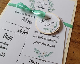 Faire-part bohème vert, mariage champêtre, vert et blanc, lot de 10