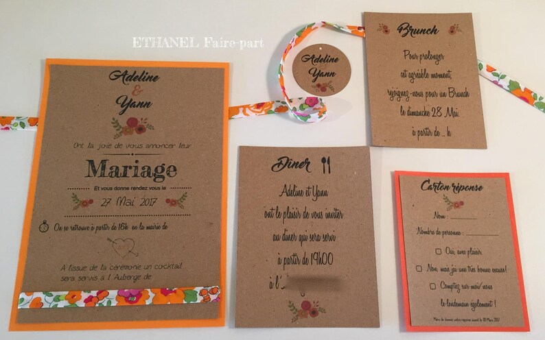 Faire part Liberty orange mariage champetre Liberty et Kraft - Etsy France