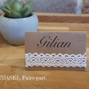 Marque place Kraft et dentelle, mariage kraft et dentelle, champetre chic, lot de 10