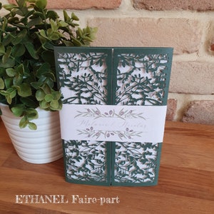 Faire part mariage Olivier, vert foncé et blanc, carte découpée laser