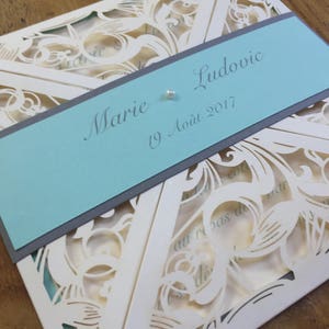Faire part ciselée, mariage , dentelle ivoire et bleu, decoupe laser, Lot de 10
