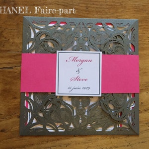 Faire part Dentelle ciselée, pochette grise et rose fuchsia, decoupe laser, dentelle papier,  Lot de 10