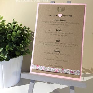 Menu mariage Liberty, kraft rose poudré, Liberty Eloise rose, Lot de 10