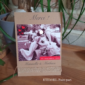Carte de remerciements mariage jute et kraft, champetre