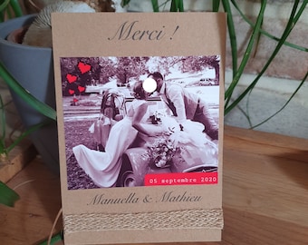 Carte de remerciements mariage jute et kraft, champetre