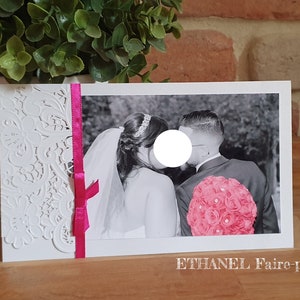 Remerciements Dentelle ciselée,mariage chic, blanc nacré argent et rose fuchsia, découpe laser,Lot de 10