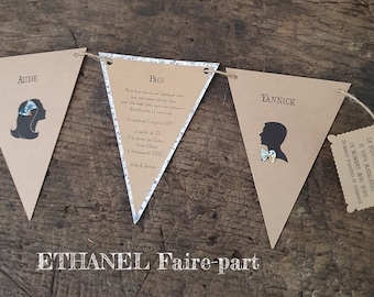 Faire part mariage  Fanions, mariage champetre, Kraft et Liberty, Lot de 10