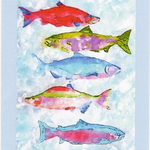 5 saumons d'Alaska | Rhonda Koch Artiste | Aquarelle