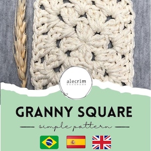 May include: A white crochet granny square with a simple pattern. The square is made with a thick yarn and has a textured look. The image also includes the text "alecrim handmade" and flags for Brazil, Spain, and the United Kingdom.