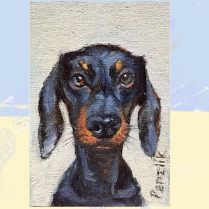Retrato de mascota, pintura al óleo de perro, tarjeta de arte ACEO, pintura de perro salchicha, arte original, regalo de recuerdo de perro pintado, simpatía de perro, pintura al óleo de mascota