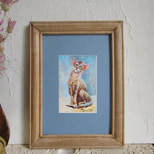Tarjeta ACEO Óleo rosa y azul Pintura al óleo original de gato Arte en miniatura Retrato de mascota Obra de arte casera Mini pintura en lienzo