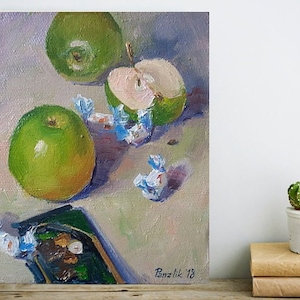 Natureza morta de cozinha Pintura de maçã Pequena pintura a óleo sobre tela Arte a óleo colorida Pintura de frutas Arte estética de parede Pintura de interior